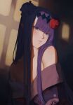  1girl absurdres bare_shoulders blue_eyes blunt_bangs blush braid braided_base bun_with_braided_base commentary cyansanu double_bun english_commentary flat_chest flower hair_bun hair_flower hair_ornament highres hololive hololive_english holomyth japanese_clothes kimono long_hair long_sidelocks looking_at_viewer ninomae_ina'nis ninomae_ina'nis_(new_year) off_shoulder official_alternate_costume official_alternate_hairstyle pointy_ears print_kimono purple_hair purple_kimono sidelocks solo straight_hair upper_body virtual_youtuber 