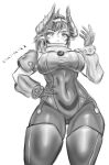  1girl armor bodysuit breasts commentary curvy dragon_girl dragon_horns english_commentary grape_(vtuber) hand_on_own_hip highres horns indie_virtual_youtuber knightornshtein large_breasts looking_down monochrome pointy_ears ponytail shoulder_armor sketch skin_tight solo thick_thighs thighs virtual_youtuber wide_hips 