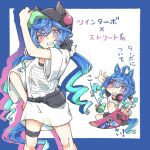  1girl @_@ ahoge animal_ears baseball_cap blue_eyes blue_hair blush commentary_request crossed_bangs fanny_pack grin hat hat_with_ears headphones headphones_over_headwear heterochromia highres horse_ears horse_girl horse_tail long_hair looking_at_viewer multicolored_hair oekaki_takamiy open_mouth purple_eyes sharp_teeth shirt short_sleeves sidelocks skateboard skateboarding smile tail teeth thigh_strap twin_turbo_(umamusume) twintails umamusume white_shirt 