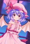  bat_wings blue_hair blush bow hakuto_(28syuku) hand_on_hip hand_on_own_chest hat hat_bow mob_cap moon red_eyes red_moon remilia_scarlet short_hair skirt skirt_set solo touhou wings 