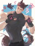  1boy ? absurdres animal_ears animal_hands arm_strap bare_shoulders belt belt_buckle biceps black_belt black_bodysuit black_gloves black_pants black_shirt black_singlet bodysuit buckle chinese_commentary claw_pose closed_mouth commentary_request covered_pectorals crew_cut fingerless_gloves forehead gloves highres large_pectorals looking_at_object looking_down love_and_deepspace male_focus muscular muscular_male nose pants parted_lips paw_gloves pectorals red_hair shirt short_hair short_sideburns sideburns sleeveless sleeveless_bodysuit sleeveless_shirt sleeveless_turtleneck solo spiked_hair tail taut_clothes taut_shirt tight_clothes turtleneck turtleneck_shirt valko_(love_and_deepspace) very_short_hair watermark weibo_watermark wolf_boy wolf_ears wolf_tail xianwei_keliren yellow_eyes 