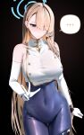  ... 1girl absurdres alternate_costume asuna_(blue_archive) black_gloves blue_archive blue_halo bodystocking breasts brown_dust_(series) brown_dust_2 commentary_request cosplay covered_navel elbow_gloves gloves hair_over_one_eye halo highres korean_commentary large_breasts long_hair looking_at_viewer pyeong_il skin_tight sleeveless sleeveless_turtleneck sweat turtleneck v very_long_hair white_gloves wilhelmina_(brown_dust) wilhelmina_(iron_monarch)_(brown_dust) 