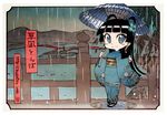  black_hair blue_eyes chibi commentary_request earrings furisode hoop_earrings japanese_clothes jewelry kagaminomachi_no_kaguya kaguya_(kagaminomachi_no_kaguya) kimono kusanagi_tonbo long_hair obi oriental_umbrella rain sash solo umbrella 