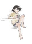  1boy aihara-rina alternate_costume ash_ketchum bare_legs barefoot black_hair casual chinese_commentary closed_mouth commentary_request full_body hair_between_eyes handheld_game_console highres holding holding_handheld_game_console knee_up male_focus nintendo_switch pokemon pokemon_(anime) pokemon_(classic_anime) shirt short_hair short_sleeves sitting smile solo white_background yellow_shirt 
