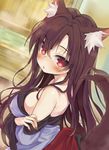  :o animal_ears bare_shoulders blush breasts brooch brown_hair dress fingernails imaizumi_kagerou indoors jewelry large_breasts long_fingernails long_hair looking_at_viewer mirei nail_polish red_eyes side_ponytail solo tail touhou undressing very_long_hair wolf_ears wolf_tail 