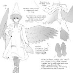  1girl absurdres agott_arklaum_(tongari_boushi_no_atelier) arrow_(symbol) back_cutout bird_wings clothing_cutout commentary conical_hat english_commentary english_text expressionless feathered_wings full_body greyscale hand_on_own_hip hat highres looking_at_viewer magic_circle monochrome monsterification pointing_out_the_details qifrey's_atelier_apprentice_uniform short_hair standing tongari_boushi_no_atelier welfshr wings wizard_hat 