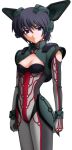 1girl 2000s_(style) armor black_hair blue_eyes bodysuit breasts cleavage cleavage_cutout closed_mouth clothing_cutout corruption dark_persona expressionless game_asset gloves grey_bodysuit headgear kourin_tenshi_en_ciel_rena large_variant_set mecha_musume mechanical_ears medium_breasts non-web_source official_art purple_eyes saitou_natsuki sakashita_miki_(en_ciel_rena) self-datamine short_hair simple_background solo standing tachi-e transparent_background variant_set 