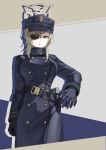  1girl bakeneko38 belt blonde_hair blue_archive blue_coat blue_gloves blue_hat breasts brown_halo buttons coat commentary_request cropped_legs double-breasted eyepatch gloves green_eyes gun halo hand_up hat high_collar highres holster holstered impossible_clothes large_breasts looking_at_viewer medium_hair mossberg_500 one_eye_covered open_mouth peaked_cap pump_action shotgun simple_background solo suou_(blue_archive) weapon yellow_halo 