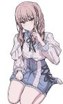  1other akiyama_mizuki alternate_costume black_ribbon blue_boots blue_shirt blue_shorts boots buttons chin_gero cross-laced_clothes cross-laced_shorts cross-laced_slit dot_nose drill_hair drill_ponytail drill_sidelocks frilled_boots frilled_shorts frilled_sleeves frills full_body high_side_ponytail highres index_finger_raised juliet_sleeves light_blush long_hair long_sidelocks long_sleeves neck_ribbon other_focus pink_eyes pink_hair pink_shirt pointing pointing_at_self ponytail project_sekai puffy_long_sleeves puffy_sleeves ribbon shirt short_shorts shorts side_ponytail sidelocks simple_background sitting solo thighs two-tone_shirt wariza white_background 
