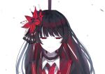  1girl black_hair black_shirt closed_mouth collared_shirt commentary_request crown flower hair_flower hair_ornament highres long_hair mahou_shoujo_no_majo_saiban mini_crown moi_(blueflower_o) necktie nikaido_hiro noose red_eyes red_flower red_necktie shirt simple_background smile solo spoilers suicide white_background white_shirt 
