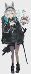  ... 1girl animal_ears arknights belt black_boots black_hair black_jacket boots chibi chibi_inset english_commentary english_text grey_hair hair_over_eyes high-waist_shorts highres holding holding_knife holding_sword holding_weapon jacket knife long_sleeves odmised reserve_operator_guard_(arknights) rhodes_island_uniform shirt short_hair shorts spoken_ellipsis sword thigh_belt thigh_strap unsheathed weapon white_shirt 