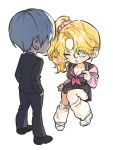  1boy 1girl absurdres bkg0303 black_serafuku bleach bleach:_the_high_school_warfare breasts chibi cleavage commentary_request eyes_visible_through_hair gakuran grey_hair gyaru hair_ornament hair_scrunchie hands_in_pockets heart highres ichimaru_gin kogal korean_commentary large_breasts lips loose_socks matsumoto_rangiku mole mole_under_mouth one_eye_closed parted_lips school_uniform scrunchie serafuku shirt_tug side_ponytail socks 