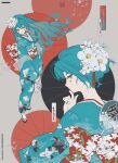  1girl absurdres aotu_world artist_name bag blue_kimono blue_nails cathon613 chinese_commentary commentary_request facial_mark fingernails fish floating_hair flower from_side goldfish green_eyes grey_background hair_flower hair_ornament hair_up hand_fan highres japanese_clothes kimono lemon_(aotu_world) long_hair long_sleeves looking_at_viewer multiple_views obiage obijime oil-paper_umbrella own_hands_together paper_fan print_kimono print_sash profile red_sash sandals sash seigaiha sidelocks simple_background socks uchiwa umbrella white_flower white_socks wide_sleeves zouri 