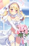  1girl arisugawa_ruru bare_shoulders blonde_hair blush bouquet bow bra breasts bridal_lingerie bridal_veil bride cleavage cloud collar commentary_request detached_collar flower frilled_thigh_strap hair_ornament heart heart_hair_ornament holding holding_bouquet large_breasts lingerie long_hair looking_at_viewer ocean oniichan_continue! outdoors pan_(mimi) panties parted_lips red_eyes sky solo stomach thigh_strap twintails underwear veil water wedding white_bow white_bra white_collar white_panties 
