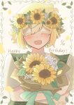  1boy absurdres antenna_hair basil_(faraway)_(omori) basil_(omori) blonde_hair blush bouquet collared_shirt commentary_request dated double-parted_bangs flower flower_wreath green_sweater_vest hair_between_eyes happy_birthday head_wreath highres holding holding_bouquet male_focus omori open_mouth rose shirt short_hair short_sleeves sidelocks smile solo sunflower sweater_vest upper_body white_flower white_rose white_shirt yuuabara 
