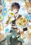  1boy absurdres asaba_harumasa asymmetrical_gloves balloon black_gloves black_hair black_necktie black_pants bouquet closed_mouth commentary_request confetti cowboy_shot flower fuli_(narumiyafuri) gloves happy_birthday headband highres holding holding_bouquet indoors looking_at_viewer male_focus mismatched_gloves necktie pants partially_fingerless_gloves shirt short_hair smile solo standing sunflower white_shirt window yellow_eyes yellow_gloves yellow_headband zenless_zone_zero 
