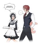  ... 1boy 1girl abarai_renji alternate_hairstyle bkg0303 black_hair black_necktie black_vest bleach blush braid braided_ponytail breasts commentary_request dress hair_over_shoulder highres holding holding_stuffed_toy holding_tray korean_commentary korean_text kuchiki_rukia low_twintails maid maid_headdress medium_dress necktie red_hair short_hair short_twintails single_braid small_breasts speech_bubble stuffed_animal stuffed_rabbit stuffed_toy sweatdrop thought_bubble translation_request tray twintails vest waiter 