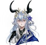  1girl :o animal_ears arknights black_horns black_shirt blue_hair blue_sash chaogaoxiaojizaomengzhe chinese_commentary commentary_request cow_ears cow_girl cow_horns cropped_shoulders cynisca_(arknights) flower hair_between_eyes highres horns laurel_crown long_hair looking_up pink_eyes sash shirt simple_background single_shoulder_pad solo turtleneck turtleneck_shirt white_background 