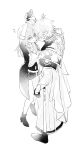  1boy 1girl absurdres annann_nna antenna_hair armor arms_up boots breasts coat commentary_request full_body gloves greyscale hair_between_eyes high_heel_boots high_heels highres holding_another's_wrist honkai:_star_rail honkai_(series) jacket lifting_person long_hair looking_at_another medium_breasts monochrome own_hands_together parted_lips phainon_(honkai:_star_rail) shirt short_hair shoulder_armor simple_background skirt spot_color stelle_(honkai:_star_rail) thigh_strap trailblazer_(honkai:_star_rail) yellow_eyes 