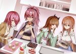  4girls absurdres alternate_costume bowl brown_hair cake cake_slice casual commentary_request crop_top cupcake dark-skinned_female dark_skin dutch_angle food green_kimono heaven_burns_red highres holding holding_bowl icing japanese_clothes kimono kiryuu_miya kitchen kr_woyue kura_satomi long_hair multiple_girls pastry_bag pink_eyes pink_hair ponytail purple_eyes red_eyes shirakawa_yuina shirt tsukishiro_monaka very_long_hair white_shirt 