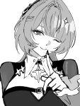  1girl black_bow black_dress black_shrug bow breasts chest_belt cleavage closed_mouth commentary_request dress finger_to_mouth grey_hair greyscale hair_bow hair_intakes hair_ornament highres large_breasts looking_at_viewer medium_hair monochrome official_alternate_costume one_eye_closed pepper_xyz remielle_dan remielle_dan_(moonlight_whispers) shrug_(clothing) simple_background smile solo upper_body white_background zenless_zone_zero 