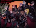  10birthday10 alternate_costume asymmetrical_bangs bad_id bad_twitter_id belt black_eyeliner black_gloves black_hair black_nails black_pants black_suit blue_eyes blue_skin collared_shirt colored_sclera colored_skin couch crossed_legs deidara_(naruto) ear_piercing earrings english_text everyone extra_mouth eyeliner face_piercing formal_clothes gloves grey_hair grin hair_bun hands_in_pockets hidan_(naruto) hoshigaki_kisame jewelry kakuzu_(naruto) konan_(naruto) looking_at_viewer low_ponytail makeup mask mouth_mask naruto_(series) naruto_shippuuden orange_hair pants piercing ponytail purple_eyes purple_hair red_eyes red_hair red_nails red_sclera sad sasori_(naruto) shirt short_hair smile spiked_hair spotlight stitched_arm stitches suit tobi_(naruto) uchiha_itachi uchiha_obito zetsu_(naruto) 