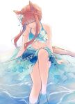  1girl animal_ears aqua_bikini aqua_sarong bare_shoulders bikini blue_sarong blunt_bangs braid breasts closed_eyes closed_mouth commentary_request crown_braid ear_flower flower_on_chest gradient_bikini gradient_sarong green_sarong hair_ornament highres horse_ears horse_girl horse_tail jewelry long_hair midriff navel official_alternate_costume official_alternate_hairstyle orange_hair revision sarong silence_suzuka_(emerald_on_the_waves)_(umamusume) silence_suzuka_(umamusume) sitting small_breasts smile solo swimsuit tail umamusume water yrouumkinnoaw 