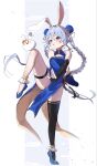 1girl alternate_costume animal_ear_fluff animal_ears bare_shoulders black_gloves black_panties black_thighhighs blue_background blue_dress blue_hair blue_shoes border braid breasts bridal_gauntlets bun_cover china_dress chinese_clothes cleavage_cutout clothing_cutout commentary_request detached_sleeves double_bun dress duplicate elbow_gloves fighting_stance fingerless_gloves flats full_body gloves groin hair_between_eyes hair_bun highres hikimayu hololive jewelry knee_up leg_up long_hair looking_to_the_side mi_kamii2 multicolored_hair open_hands open_mouth outside_border outstretched_crossed_arms panties pekomon_(usada_pekora) pelvic_curtain pillarboxed rabbit_ears rabbit_girl red_eyes revealing_clothes shoes short_eyebrows side-tie_panties sidelocks single_thighhigh sleeveless small_breasts solo standing standing_on_one_leg thick_eyebrows thighhighs thighlet tiptoes twin_braids underwear usada_pekora very_long_hair virtual_youtuber white_border white_hair 