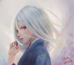  1girl absurdres blue_kimono chinese_commentary commentary_request dated highres holding impasto japanese_clothes kimono lips looking_at_viewer medium_hair original red_eyes solo upper_body vanille5454 white_hair 