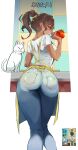  1girl absurdres apron blue_pants brown_eyes brown_hair cat dark_skin denim fomyu_(formula) food fruit highres holding holding_food holding_fruit jeans kitchen long_hair looking_at_viewer looking_back pants pocket ponytail rhythm_tengoku rhythm_tengoku_miracle_stars sachiko_diamond shirt short_sleeves sidelocks smile standing tan tomato white_shirt yellow_apron 