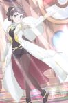  1girl black_hair black_shoes blue_eyes coat commentary deardiantha detached_sleeves diantha_(arc_suit)_(pokemon) diantha_(pokemon) english_commentary heart high_heels highres indoors looking_at_viewer official_alternate_costume pantyhose pokemon pokemon_masters_ex shoes short_hair solo white_coat 