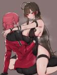  2girls 3_small_spiders ahoge bare_shoulders black_dress black_gloves black_hair black_pants black_shirt blush breasts brown_background brown_hair cleavage commentary_request dress dsr-50_(girls'_frontline) female_commander_(girls'_frontline) girls'_frontline girls'_frontline_2:_exilium gloves highres jacket large_breasts long_hair looking_at_another loreley_(girls'_frontline_2) medium_hair multiple_boys multiple_girls nightfire_(girls'_frontline_2) on_floor pants pink_hair ponytail red_eyes red_jacket shiny_skin shirt sidelocks sitting smile steaming_body sweat sweatdrop sweaty_armpits sweaty_breasts thighs yuri 