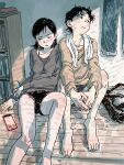  1boy 1girl 3: absurdres alcohol arai_youjirou arms_on_knees averting_eyes backpack bag bare_legs barefoot beer beer_can black_hair black_panties blush book bookshelf bow bow_panties boxers bra_strap brown_sweater can cellphone closed_mouth collarbone commentary_request drink_can drying drying_clothes feet_out_of_frame flustered frown full_body furrowed_brow grey_shirt hair_behind_ear half-closed_eyes highres holding holding_can indoors knee_up knees_up long_sleeves male_underwear mole mole_under_eye narrowed_eyes no_pants nose_blush on_floor original own_hands_clasped own_hands_together panties pants parted_lips phone picot_trim_panties shirt side-by-side side_part sidelighting sitting smartphone socks sparse_leg_hair sweater towel towel_around_neck turning_head underwear unworn_backpack unworn_bag unworn_pants unworn_socks wet wet_clothes wet_hair window_shadow wooden_floor 