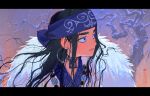  ainu ainu_clothes asirpa bandana black_hair blue_bandana blue_eyes cape cheseely cloak commentary earrings fur_cape fur_cloak golden_kamuy hat headband highres hoop_earrings jewelry kepi military_hat necklace purple_headband snow thick_eyebrows two-tone_headwear untranslatable_commentary winter 
