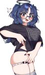  1girl absurdres alternate_costume auraaa black_panties black_shirt blue_archive blue_eyes blue_hair breasts clothes_lift glasses halo highres illusion_grid_t-shirt large_breasts lifting_own_clothes long_hair looking_at_viewer mechanical_halo open_mouth panties shirt shirt_lift short_sleeves smile solo standing tape_measure thigh_measuring underwear white_background yuuka_(blue_archive) 