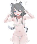  1girl :d ? absurdres ahoge animal_ear_fluff animal_ears arknights arknights:_endfield banhmixiumai bare_shoulders bikini blue_eyes blush breasts cameltoe commentary covered_nipples double_v english_commentary eyepatch eyepatch_bikini fang grey_hair hair_ornament hands_up highres looking_at_viewer navel open_mouth simple_background sitting skin_fang smile solo swimsuit tail tangtang_(arknights) thigh_gap tiger_ears tiger_girl tiger_tail v wariza white_background white_bikini 