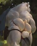  2016 anthro anus back_muscles backsack balls bear big_muscles black_nose black_penis butt clothing darkgem fur gun half-closed_eyes jockstrap leaves looking_at_viewer looking_back low-angle_view male mammal muscular muscular_male nude outside penis penis_backwards polar_bear police ranged_weapon rear_view solo standing underwear weapon white_fur 