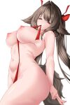  1girl absurdres animal_ears breasts brown_hair commentary_request completely_nude fox_ears fox_girl fox_tail highres large_breasts long_hair looking_at_viewer mouth_hold navel nipples nude red_ribbon ribbon ribbon_in_mouth shirostudio simple_background solo stomach tail very_long_hair white_background ye_shunguang zenless_zone_zero 