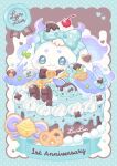  1other :3 :t anniversary aqua_border aqua_bow aqua_dress aqua_eyes bell blush border bow bowtie brooch brown_bow brown_bowtie brown_shoes cake character_name checkerboard_cookie cherry chibikemo chocolate closed_mouth commentary_request cookie dress eating food food-themed_brooch food-themed_clothes food_on_face frilled_dress frills fruit furry grid_background hair_bow heart highres holding holding_spoon icing jewelry jingle_bell looking_at_viewer lunlun_(nijisanji) mint mint_chocolate nijisanji polka_dot polka_dot_border polka_dot_bow pretzel puffy_short_sleeves puffy_sleeves shoes short_sleeves sitting smile solo spoon sprinkles striped_bow virtual_youtuber white_background yanagi_(sham0o081) 