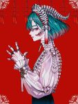  1girl aegyo_sal akiakane animal_skeleton aqua_hair arm_strap bird_skeleton black_pants bone bone_hair_ornament bow chest_harness commentary endless_knot english_commentary flower_knot from_side frown hair_ornament hairband hairclip harness high_collar highres horns jewelry long_sleeves looking_at_viewer multicolored_eyes multiple_hairclips multiple_rings original own_hands_together pants parallel_hairclips profile puffy_long_sleeves puffy_sleeves purple_eyes red_background ribs ring see-through_clothes see-through_sleeves short_hair simple_background solo spine standing tassel upper_body white_bow zipper 