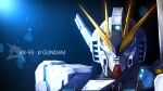  blue_eyes char's_counterattack character_name commentary_request earth_federation glowing glowing_eyes gundam mecha mecha_focus mobile_suit nebula no_humans nu_gundam portrait realistic robot science_fiction serike_w solo space star_(sky) sun v-fin 