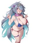  1girl @_@ absurdres alternate_costume american_flag american_flag_bikini american_flag_print animal_collar animal_ears antenna_hair aqua_hair armpit_crease bare_shoulders belly bikini blush breasts cat_ears cat_girl cat_tail collar colored_inner_hair comdost cowboy_shot ears_down flag_print flag_print_bikini frilled_hairband frills furrowed_brow grey_hair hair_intakes hair_over_one_eye hairband hands_up highres indie_virtual_youtuber large_breasts long_hair looking_at_viewer maid_headdress menace_mamaki messy_hair micro_bikini mole mole_on_breast multicolored_hair navel open_mouth pink_collar pink_ribbon print_bikini purple_eyes ribbon side-tie_bikini_bottom simple_background skindentation solo spaghetti_strap sweatdrop swept_bangs swimsuit tail thigh_strap virtual_youtuber white_background 