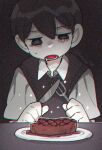  1boy black_background black_eyes black_hair black_sweater_vest butter_knife chromatic_aberration collared_shirt drooling film_grain food fork hair_behind_ear hair_between_eyes highres holding holding_fork holding_knife knife looking_at_food looking_down lower_teeth_only male_focus mitsubachi_koucha mouth_drool omori open_mouth plate shirt short_hair short_sleeves simple_background single_tear solo sparkle steak sunny_(omori) sweater_vest teeth tongue twitter_username underlighting uneven_eyes upper_body white_shirt 
