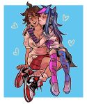  absurdres arm_warmers asymmetrical_legwear black_hair black_nails blue_background blue_hair blue_outline blue_streaks blush border breasts brown_hair cleavage closed_mouth collarbone collared_shirt commentary danganronpa_(series) danganronpa_2:_goodbye_despair ear_piercing english_commentary eyebrow_piercing eyelashes face_piercing fingernails green_eyes grey_skirt hair_between_eyes hair_horns heart highres kiss kissing_cheek large_breasts lips liyah_jpg long_hair mioda_ibuki mismatched_legwear mismatched_thighhighs mouth_piercing multicolored_hair nail_polish neckerchief nose_blush nose_piercing one_eye_closed open_mouth outline owari_akane piercing pink_hair pink_neckerchief pink_streaks red_shoes red_skirt shirt shoelaces shoes short_hair simple_background sitting skirt smile socks streaked_hair striped_arm_warmers teeth thighhighs torn_clothes torn_thighhighs two-tone_arm_warmers upper_teeth_only white_border white_shirt white_shoes white_socks yuri 