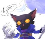  1boy animal_ears blue_hat blue_robe english_text furry furry_male gauntlets hat highres league_of_legends open_mouth robe simple_background solo speech_bubble sweatdrop unworn_hat unworn_headwear veigar_(league) white_background wind xpyray yellow_eyes yordle 