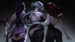  3girls alternate_costume arlecchino_(genshin_impact) arm_around_another's_back ass ass_focus ass_visible_through_thighs back bare_arms bare_back bare_shoulders biker_clothes bikesuit black_panties black_pants black_skin bodysuit braid colored_skin commentary from_behind genshin_impact grabbing_another's_ass gradient_background grey_background grey_hair groping hair_flowing_over highres holding holding_sword holding_weapon huge_ass japanese_clothes katana kimono long_hair low_ponytail mavuika_(genshin_impact) multicolored_hair multicolored_skin multiple_girls off_shoulder panties pants ponytail purple_hair purple_kimono raiden_shogun red_hair red_sash sash shade single_braid snuiwm standing streaked_hair suit sword thighhighs two-tone_skin underwear upper_body weapon 