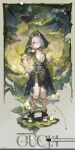  1girl abstract_background absurdres bare_shoulders black_dress black_hood breasts character_name commentary_request dress eyestalks full_body gladiator_sandals glasses gloves grass grey_hair gucia_(silver_palace) hair_over_one_eye hand_up highres holding holding_lantern lantern looking_at_viewer mushroom official_art parted_lips red_eyes sandals silver_palace small_breasts solo tail toes 