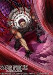  1boy attack black_gloves charlotte_katakuri commentary_request copyright_name gloves haki_(one_piece) indoors male_focus oden_(odenzzi) official_art on_one_knee one_piece one_piece_card_game pants pink_hair scarf short_hair smoke solo 