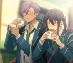  2boys blue_jacket blush closed_mouth commentary_request dark-skinned_male dark_skin dress_shirt earrings eating ensemble_stars! food green_necktie height_difference highres holding holding_food jacket jewelry kanzaki_souma long_hair male_focus multiple_boys necktie otogari_adonis purple_eyes purple_hair school_uniform shirt sumomoi_(dvcat) upper_body white_shirt yumenosaki_school_uniform 