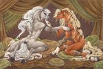 2010 anthro armband bandage blonde_hair brown_fur carpet collaboration colored_pencil_(artwork) cupping_chin curtains cushion dark_natasha duo equine eye_contact fur grey_fur hair hair_ornament hooved_fingers hooves horse kneeling long_hair male mammal multicolored_fur nude ring romantic_couple shinigamigirl tailband traditional_media_(artwork) two_tone_fur watermark white_fur white_hair 